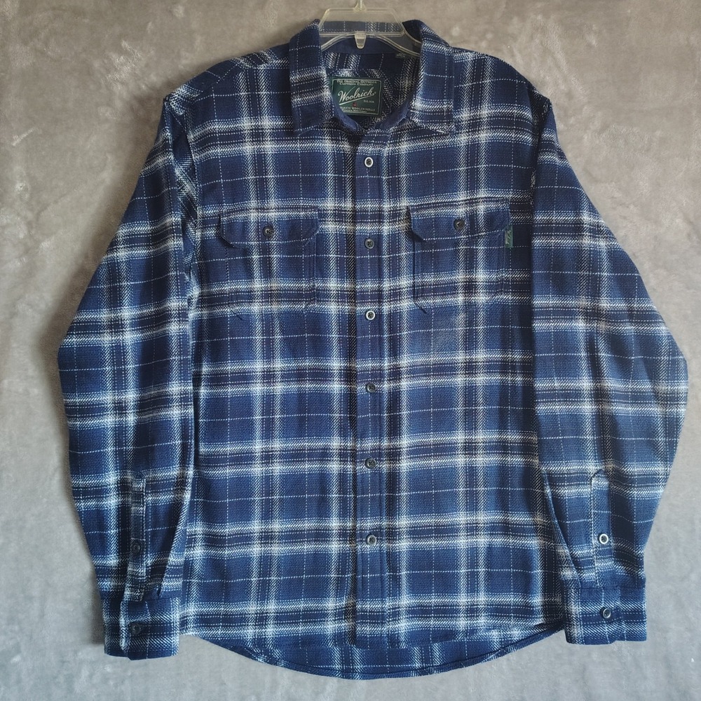Woolrich Men's Blue Plaid Flannel Shirt L Large Long Sleeve Button Up Pockets